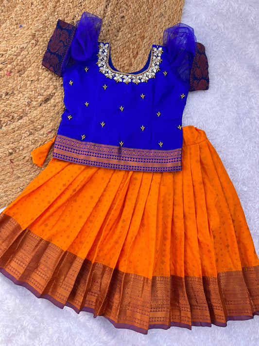 PRE ORDER : Vibrant Blue and Orange Girls Lehenga with Aari Work