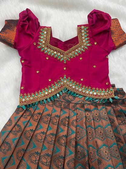 Luxurious : Rich Magenta and Orange Paithani Skirt Set with Aari