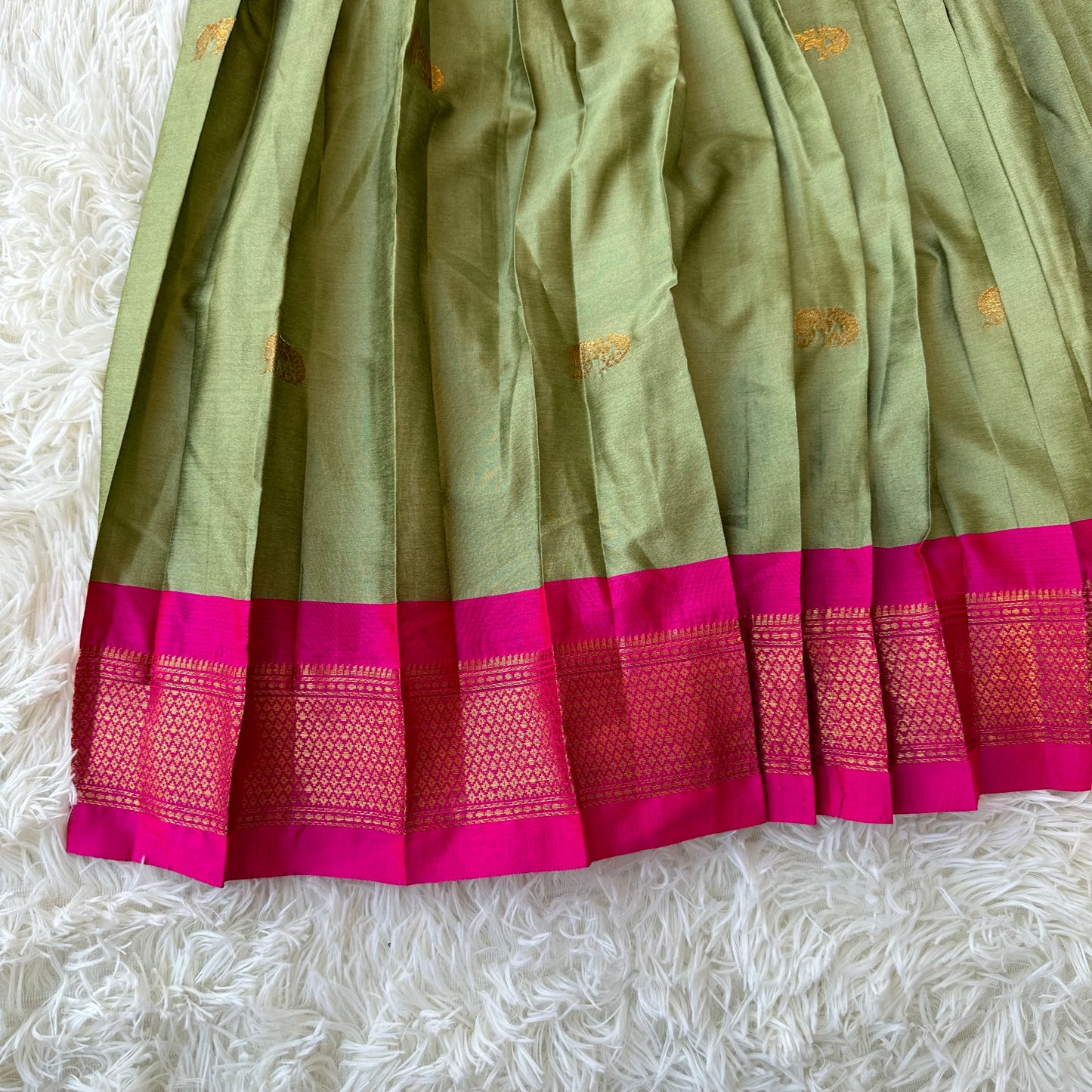 Radiant Youth: Green with Pink Border Semi Paithani Skirt and Top