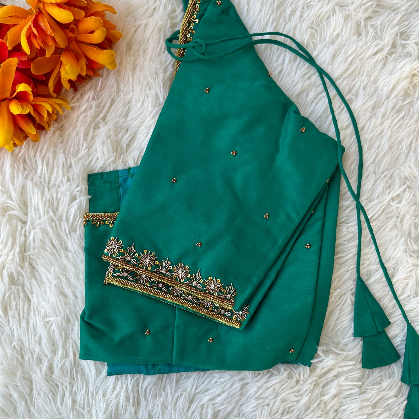 Emerald Elegance: Handcrafted Green Silk Cotton Blouse with Aari Work