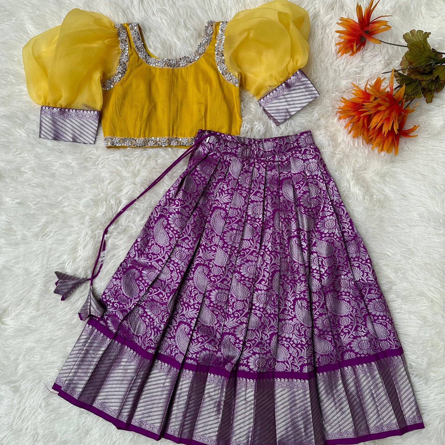 Purple Semi - Silk Skirt With Yellow Baloon Sleeve Top