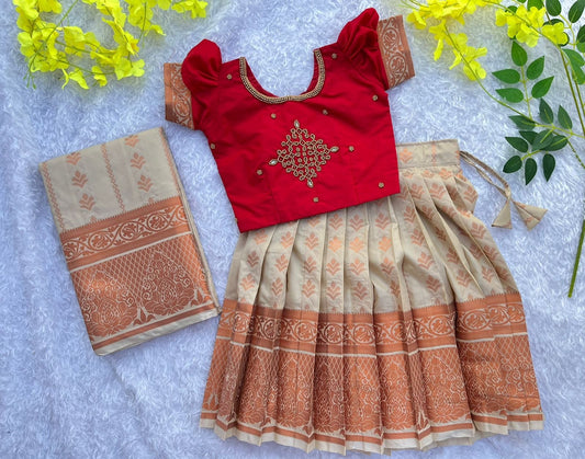 Exquisite Latte and Red Aari Work Lehenga