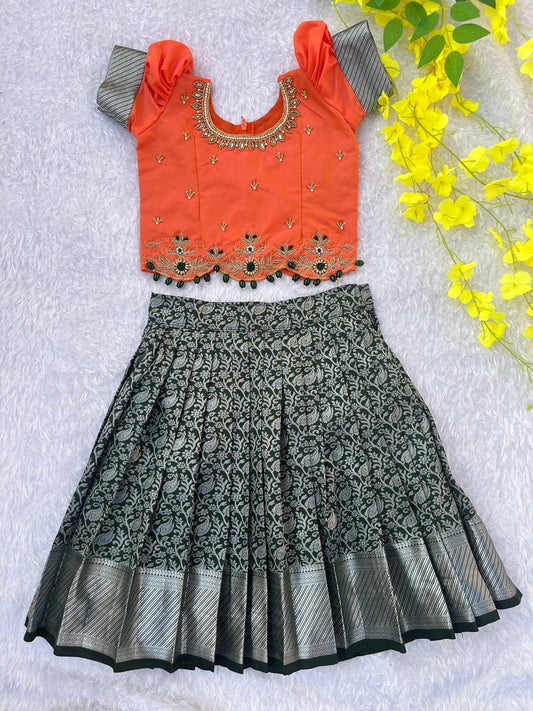 PRE ORDER : Coral and Dark Grey Embellished Kids Lehenga Dress 🌸