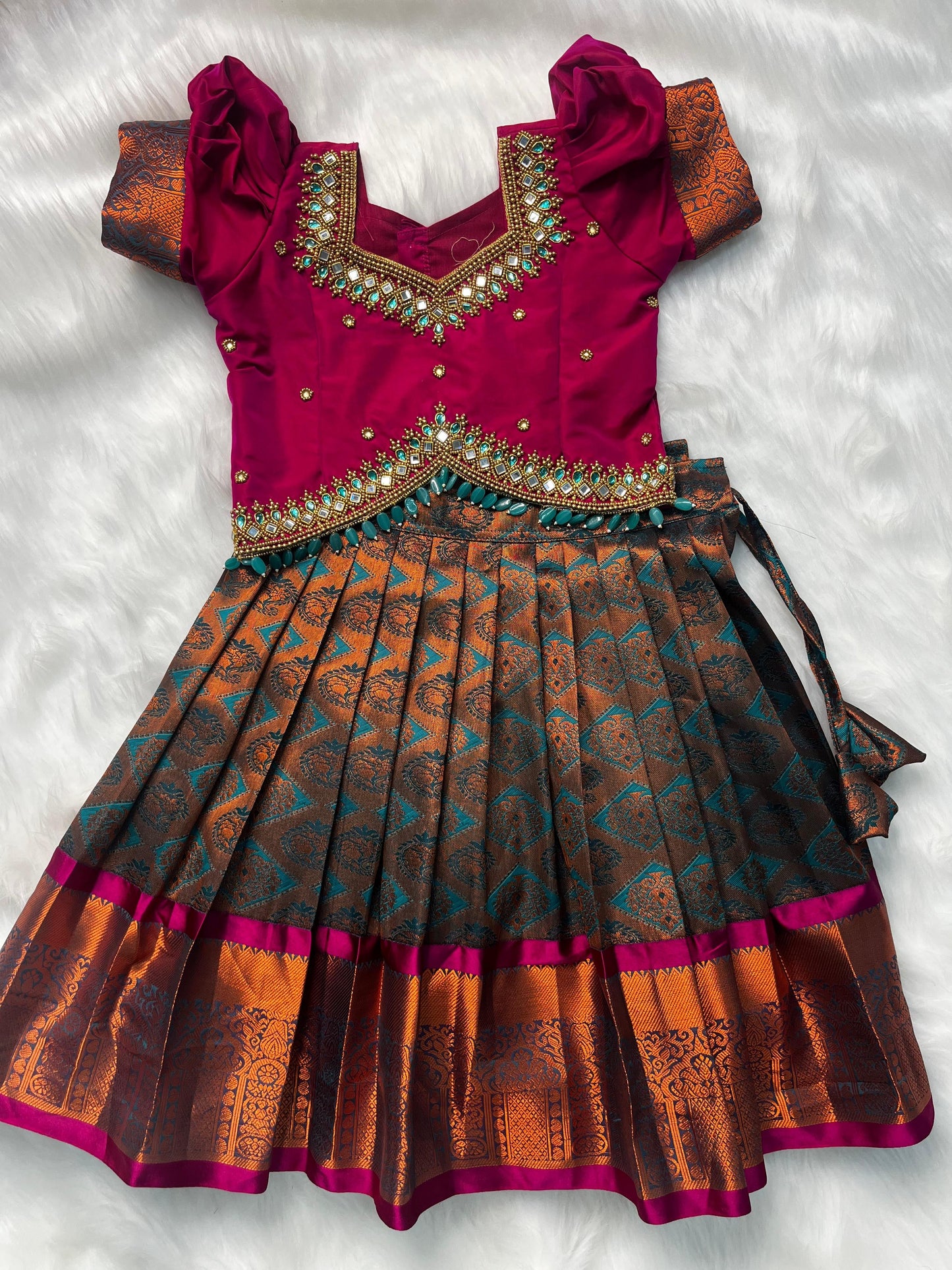 Luxurious : Rich Magenta and Orange Paithani Skirt Set with Aari