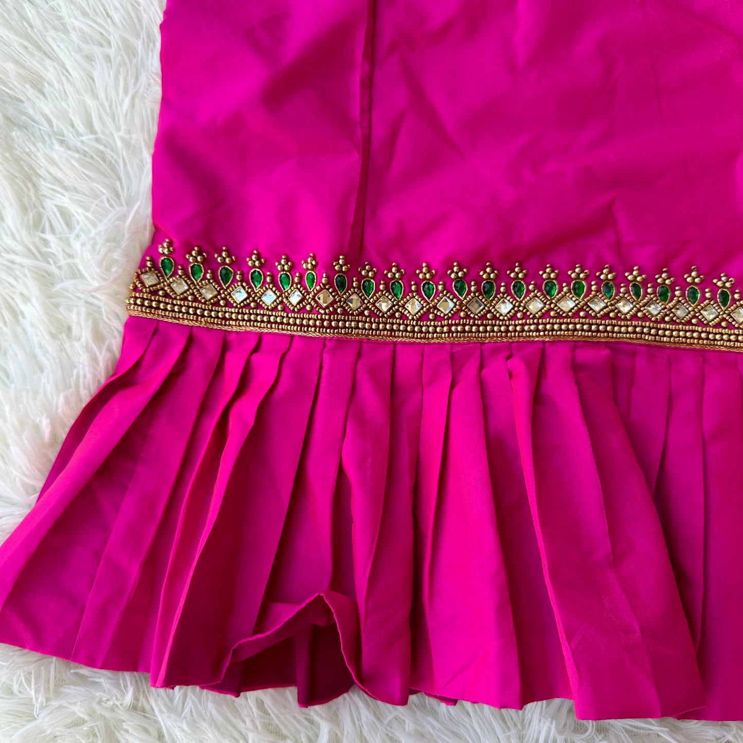 Charming Ensemble: Green Kora Silk Skirt, Pink Aari Work Peplum Top