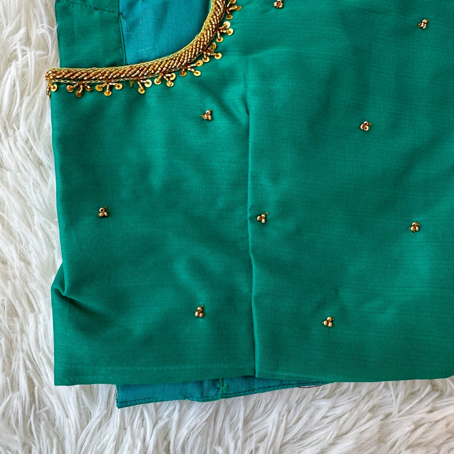 Emerald Elegance: Handcrafted Green Silk Cotton Blouse with Aari Work