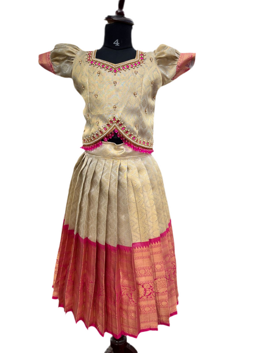 PRE ORDER : Bright Pink and Gold Semi-Silk Lehenga Set