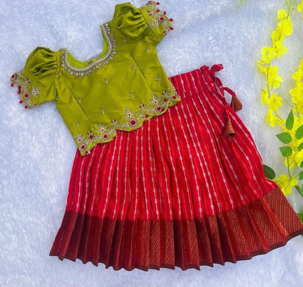 Vibrant Kids' Ensemble: Red Skirt, Parrot Green Top with Aari Work