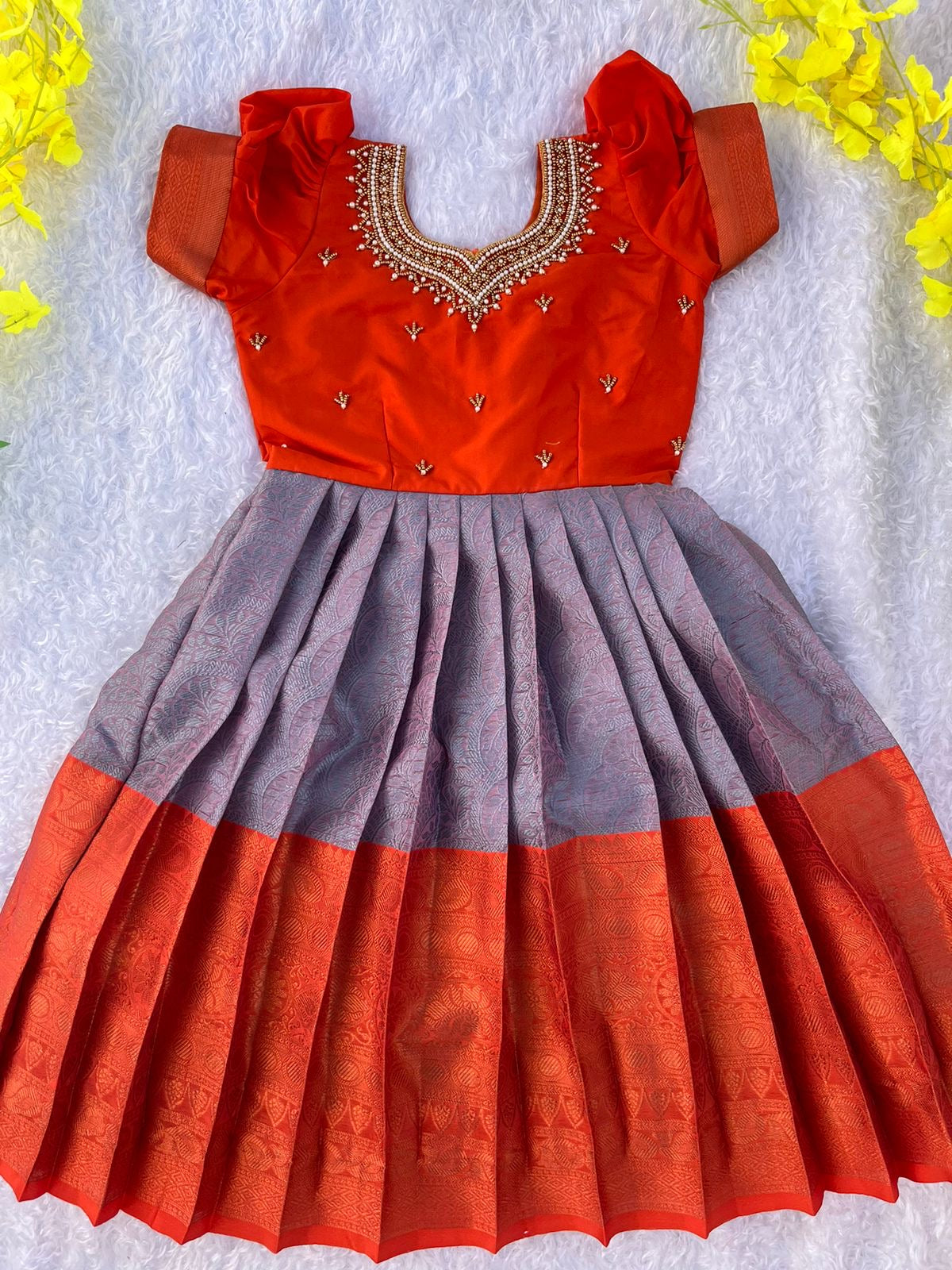 Elegant Semi-Silk Orange and Grey Aari Work Frock for Girls