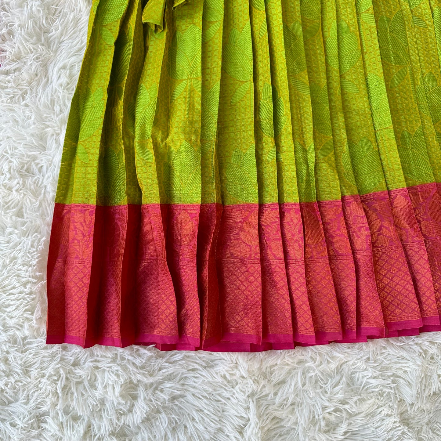 Charming Ensemble: Green Kora Silk Skirt, Pink Aari Work Peplum Top