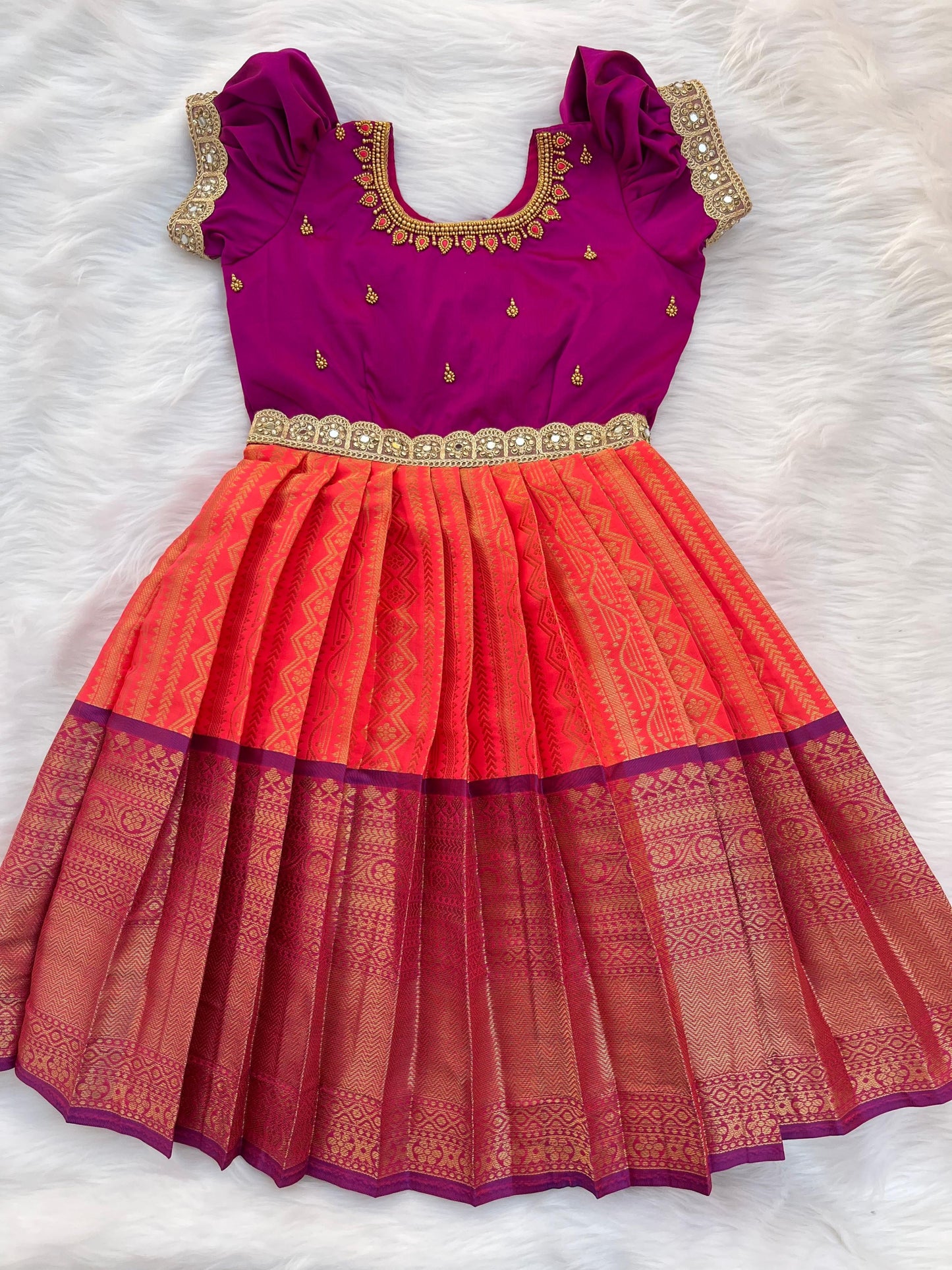 Purple and Orange Semi-Silk Frock with Aari