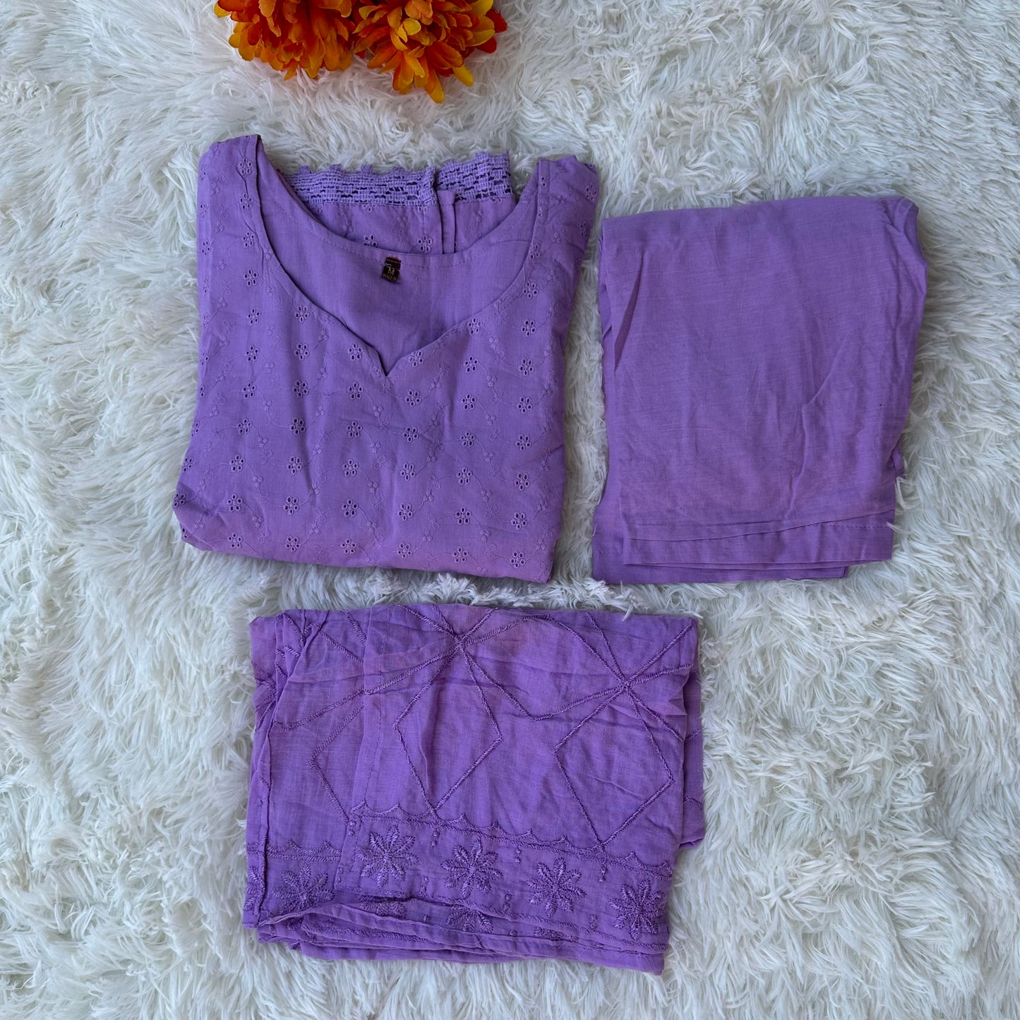 Lavender Bliss: Cotton Hakoba Kurta Set with Mul Cotton Lining & Stylish Accents