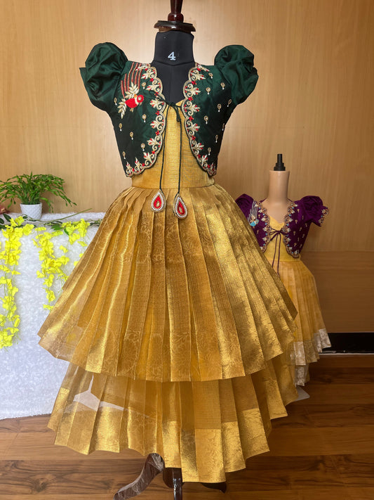 PRE ORDER : 2 Tier Layered Skirt and green Top Aari work : Premium