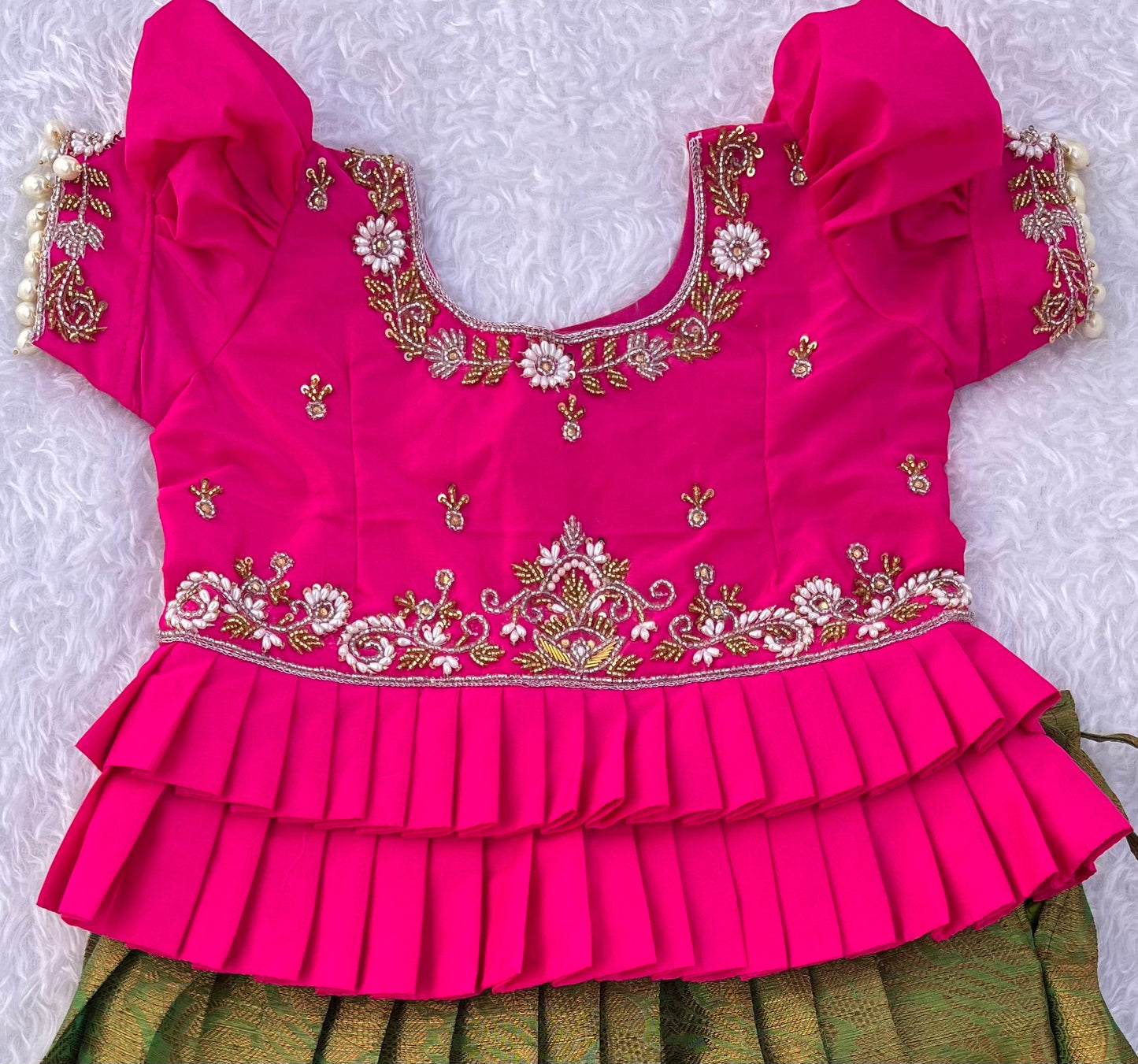 Vibrant Pink and Green Silk Lehenga with Gold Zari Border