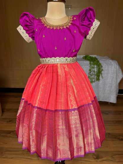 Purple and Orange Semi-Silk Frock with Aari