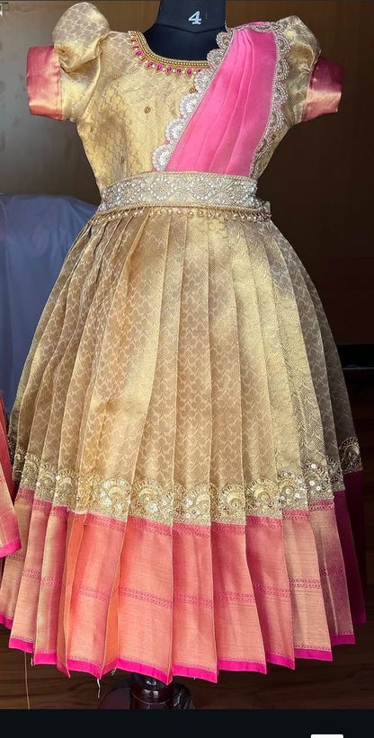 Pre-Order Grand Semi Kanchi Tissue Silk Frock with Hipbelt and Dupatta