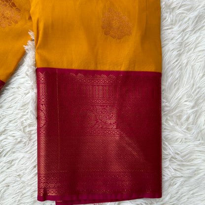 Radiant Grace: Yellow Semi Silk Saree with Pink Border, Embracing Tradition