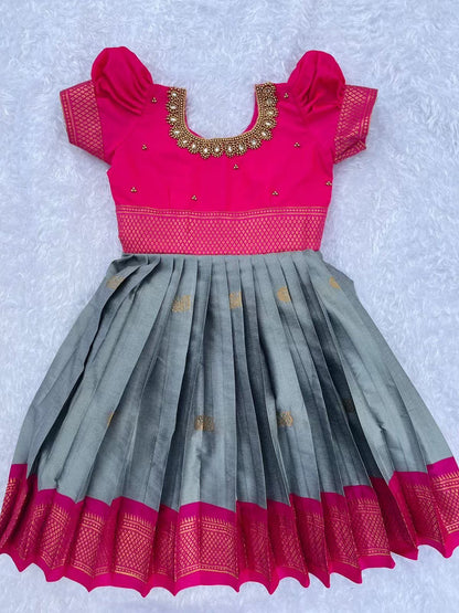 Gray Bottom and Pink Top Frock: Exquisite Aari Detailing