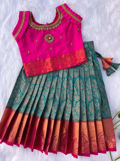 Pink and Green Semi-Silk Lehenga with Aari Embroidered Top