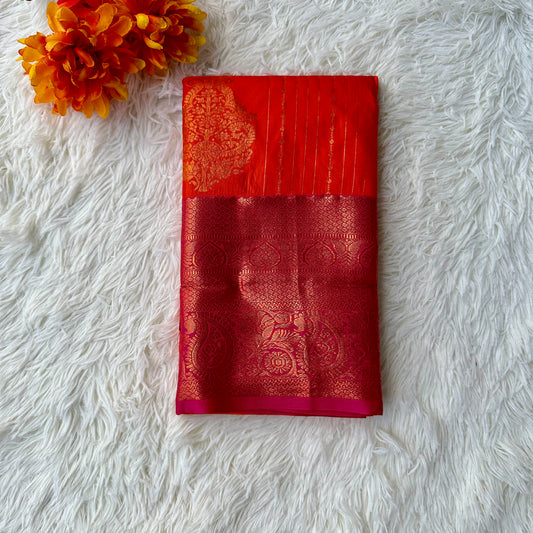 The Bold Elegance Red Orange Semi Soft Silk Saree With Rani Pink Border