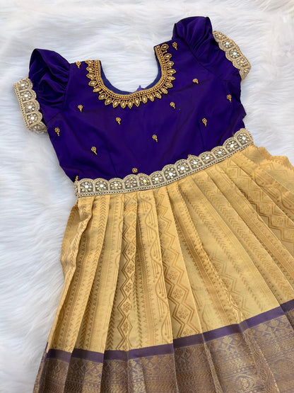 Purple and Gold Semi-Silk Frock with Aari