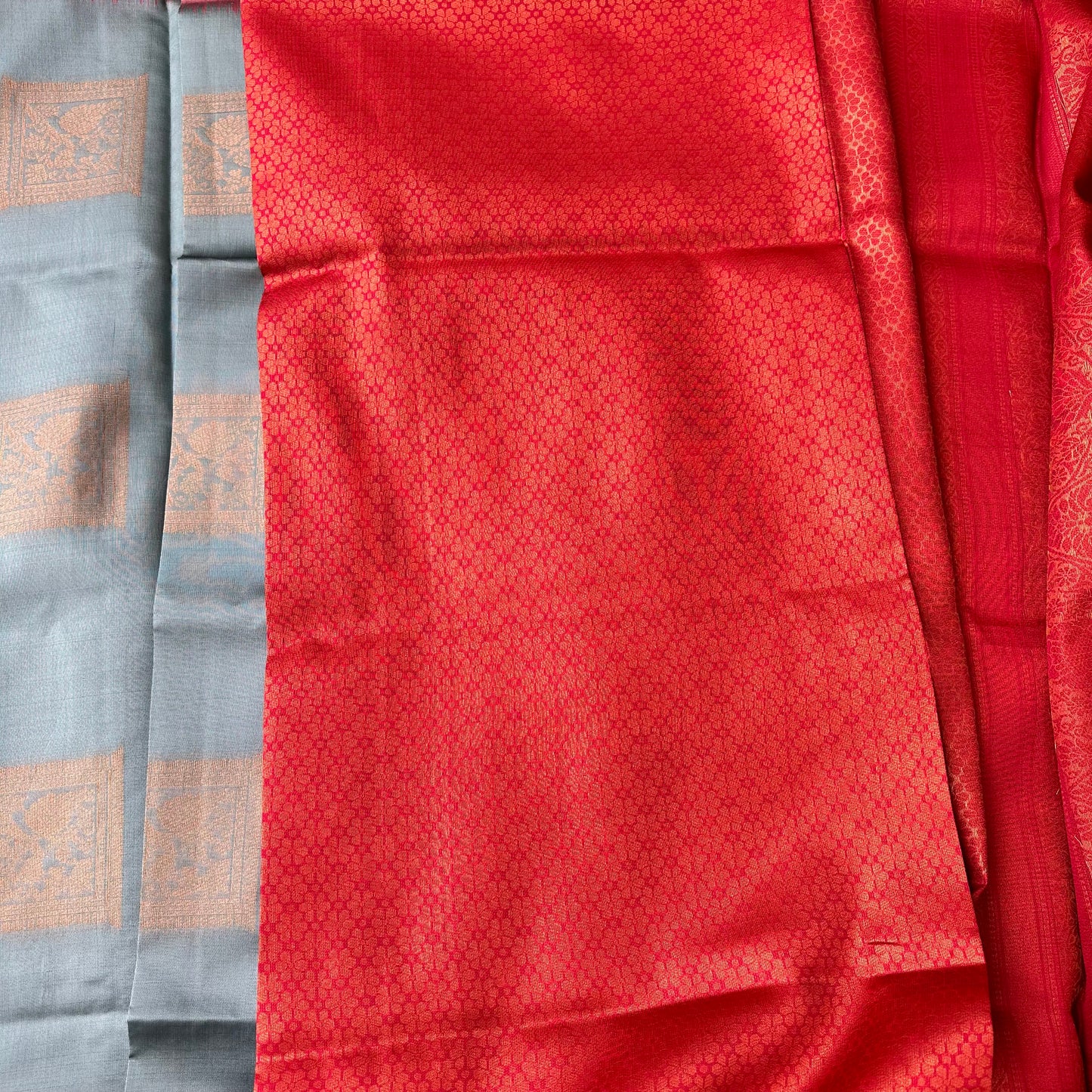 Graceful Fusion: Grey & Red Border Semi Silk Saree