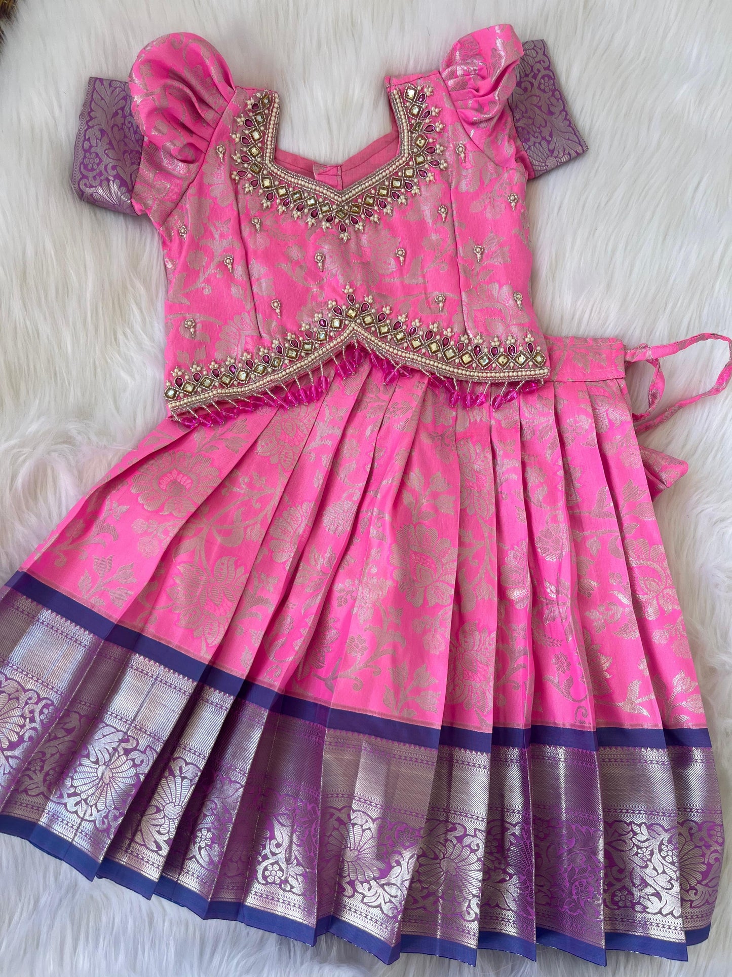 Festival Pink Semi-Silk Crop Top Lehenga