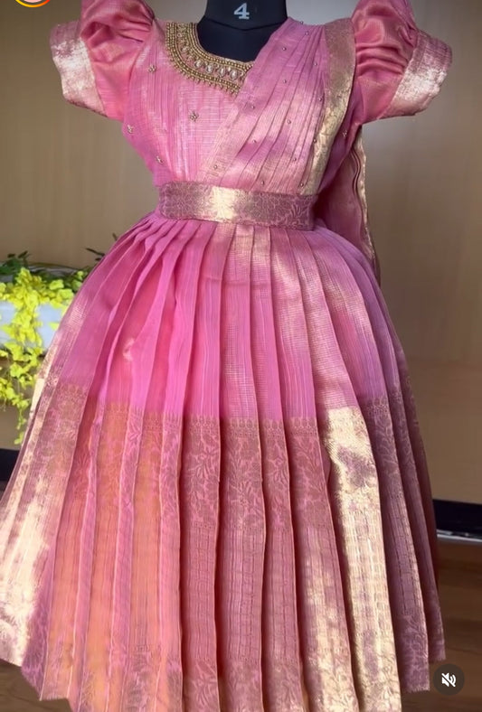 Pink Tissue Silk Lehenga with Puff Sleeves