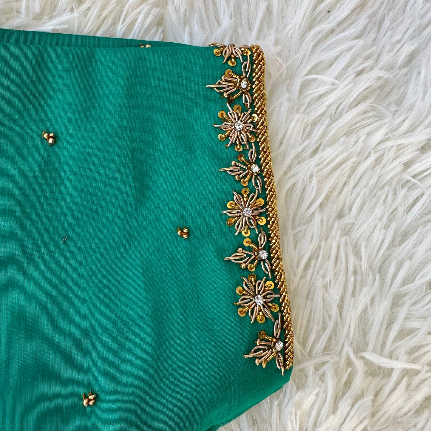 Emerald Elegance: Handcrafted Green Silk Cotton Blouse with Aari Work