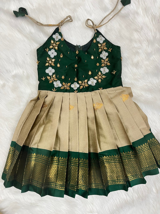 Green Aari Embroidered Top with Golden Pleated Skirt