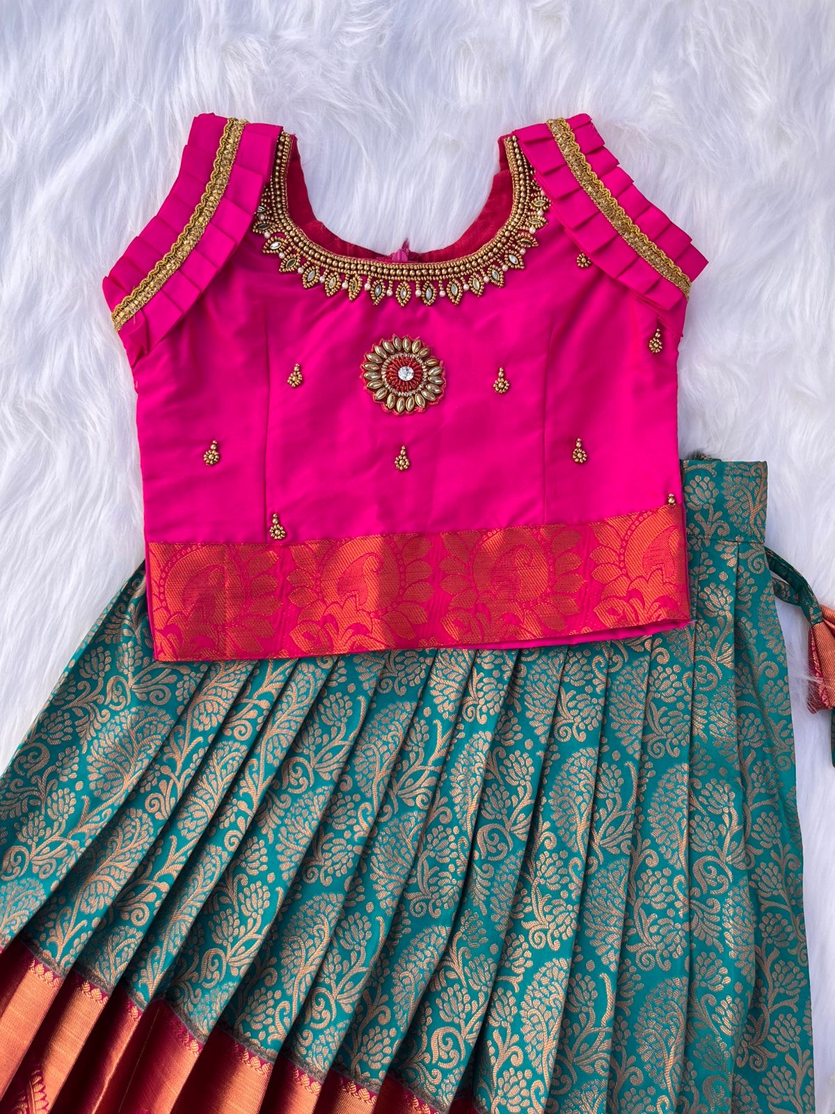 Pink and Green Semi-Silk Lehenga with Aari Embroidered Top