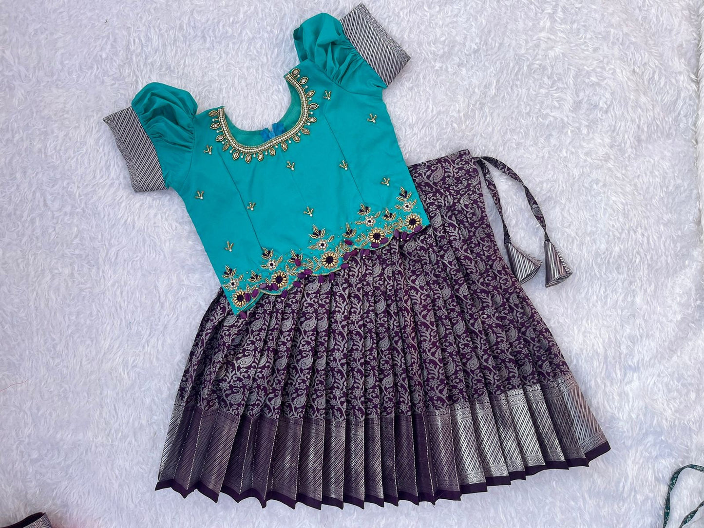 PRE ORDER : Stunning Teal Crop Top with Purple Patterned Skirt