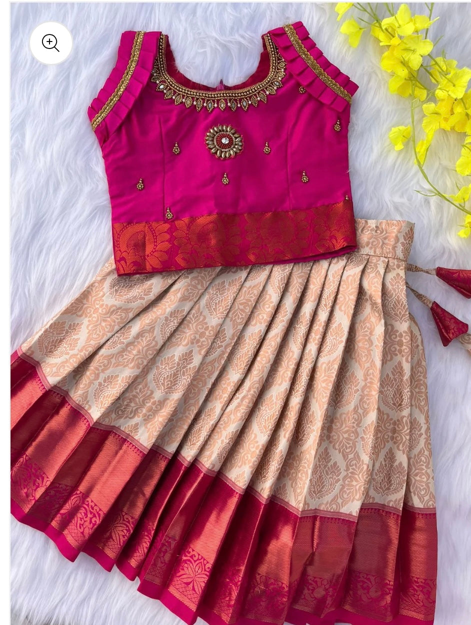 PRE ORDER - Blue and Pink Semi-Silk Lehenga with Aari