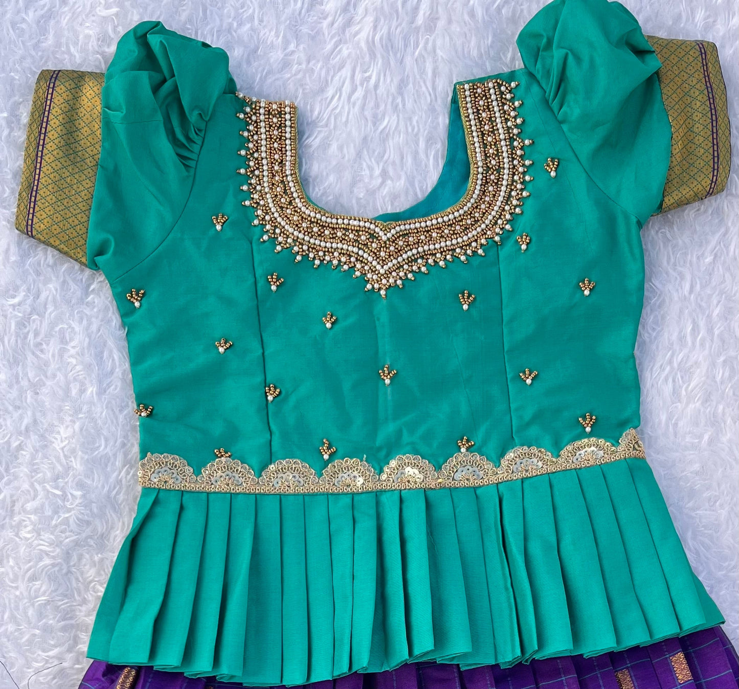 Turquoise and Purple Checked Semi-Silk Kids Lehenga