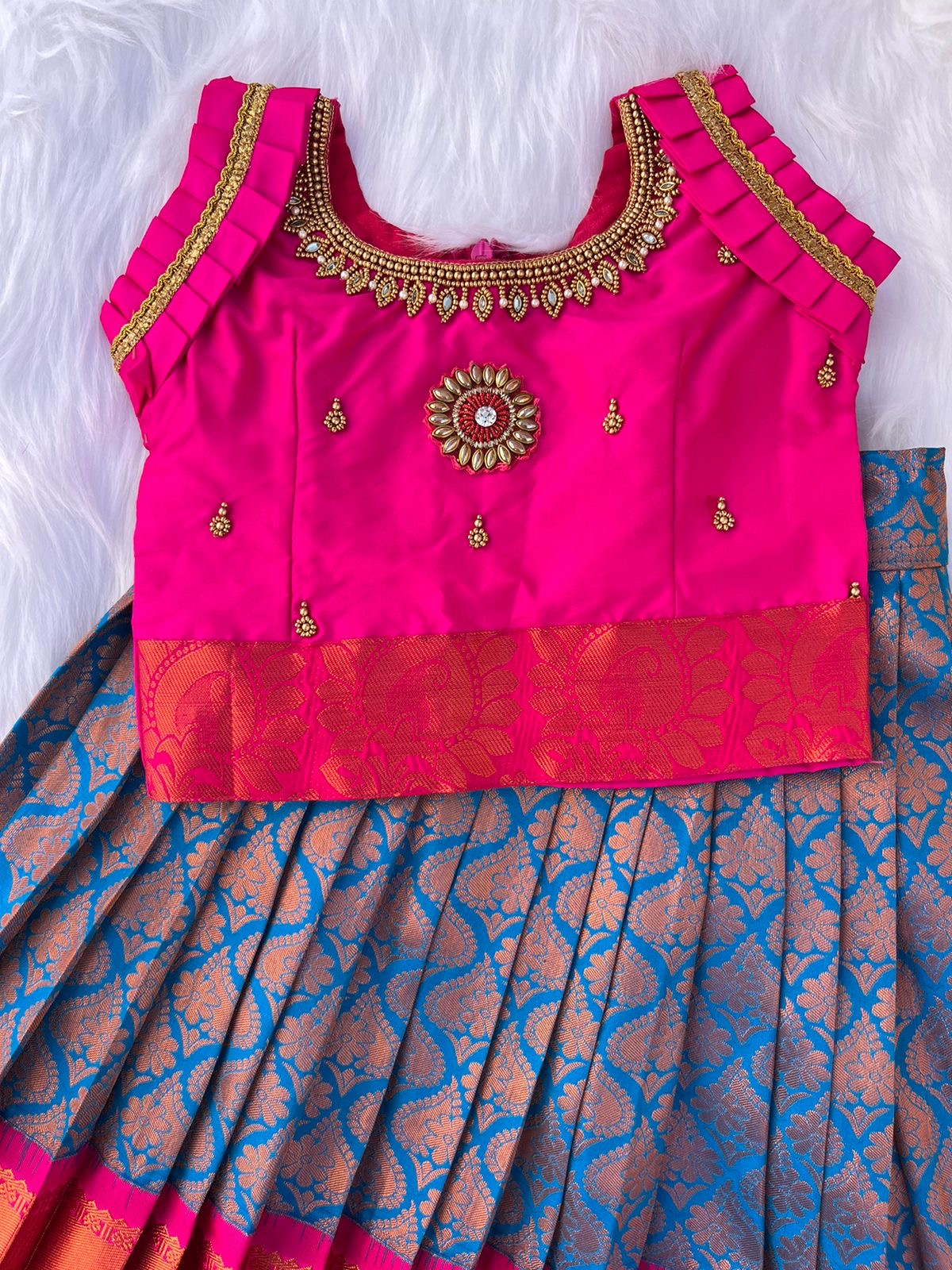 Royal Blue and Red Semi-Silk Lehenga with Aari