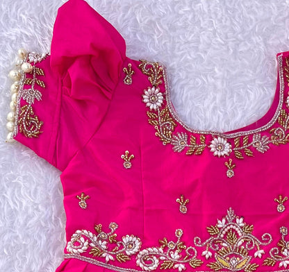 Vibrant Pink and Green Silk Lehenga with Gold Zari Border