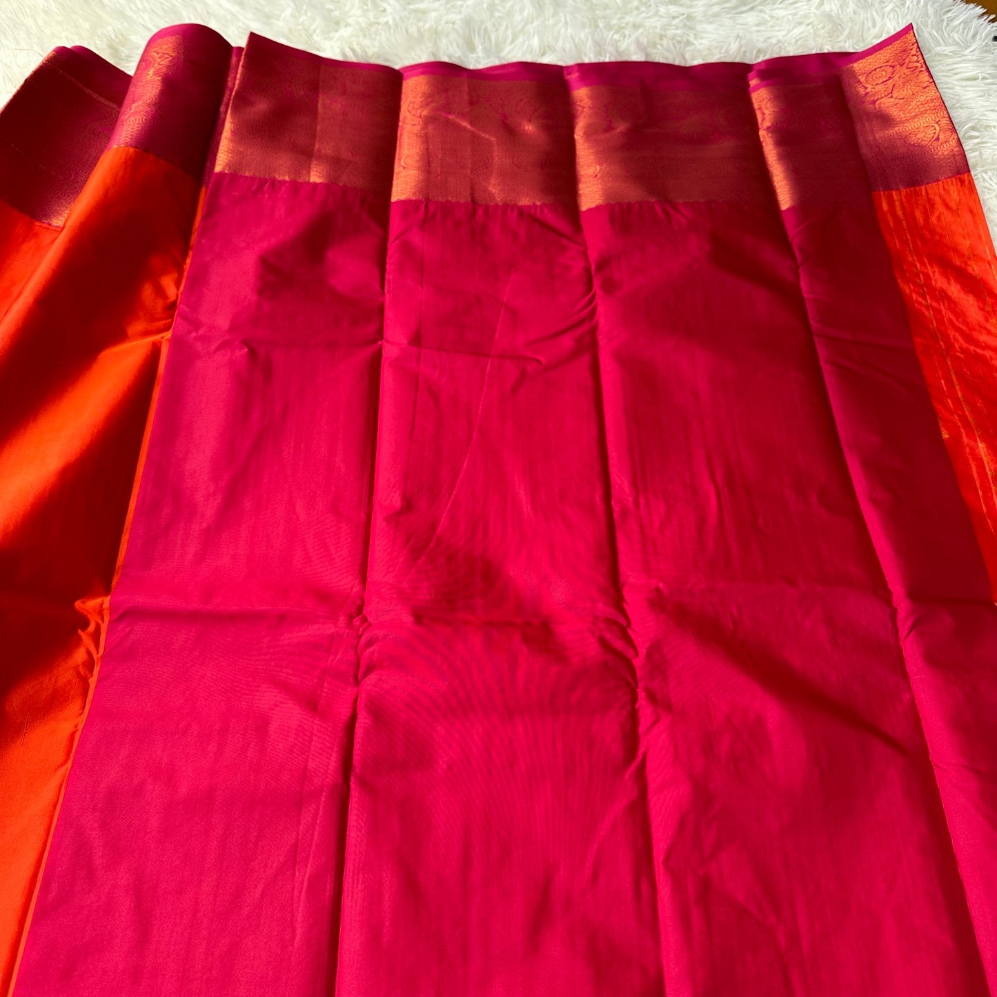 The Bold Elegance Red Orange Semi Soft Silk Saree With Rani Pink Border