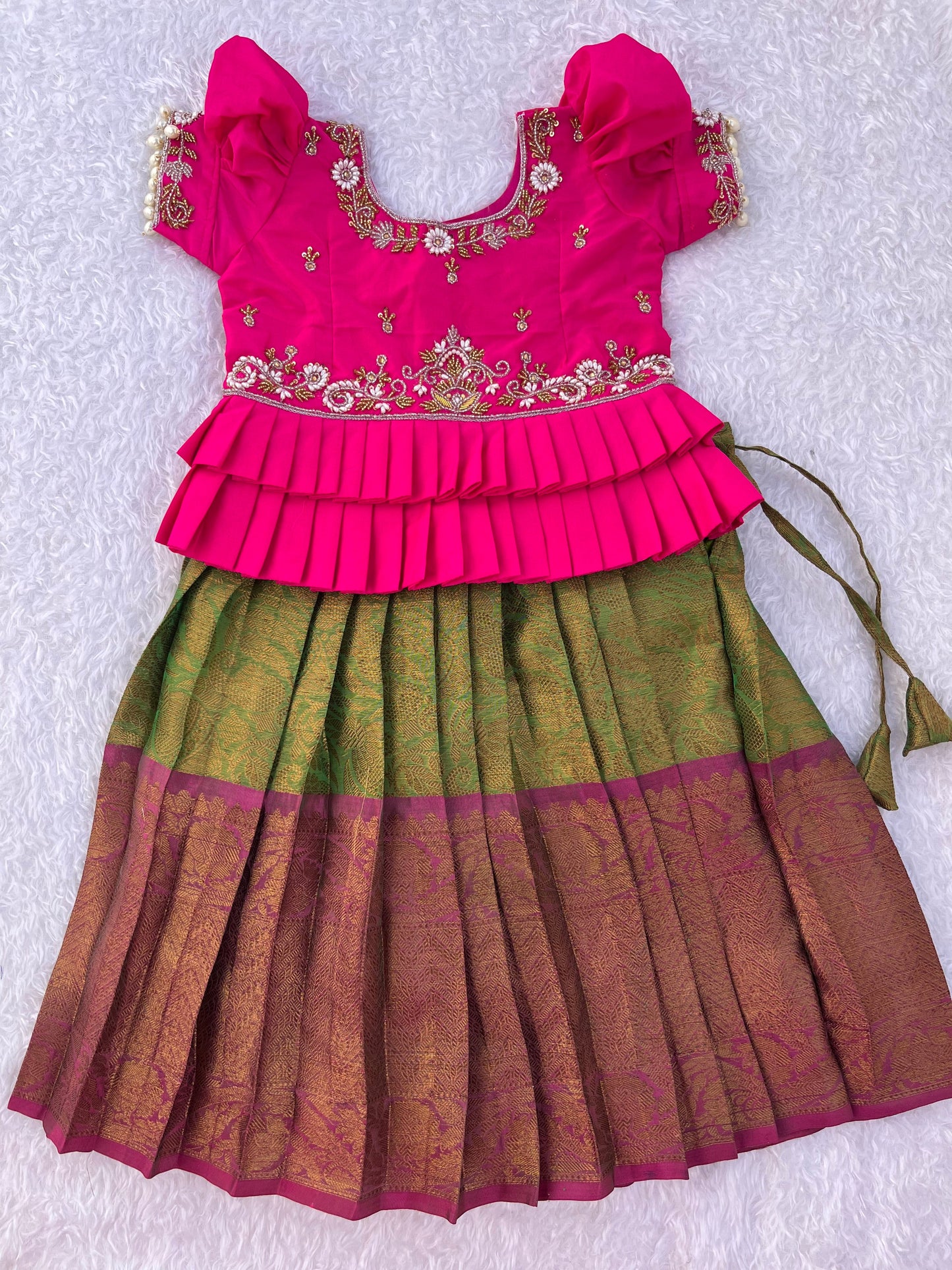 Vibrant Pink and Green Silk Lehenga with Gold Zari Border