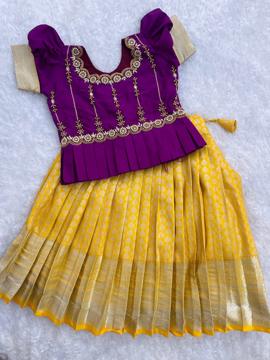 PRE ORDER : Grand Ensemble: Yellow Skirt, purple Top with Aari Work