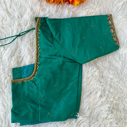 Emerald Elegance: Handcrafted Green Silk Cotton Blouse with Aari Work