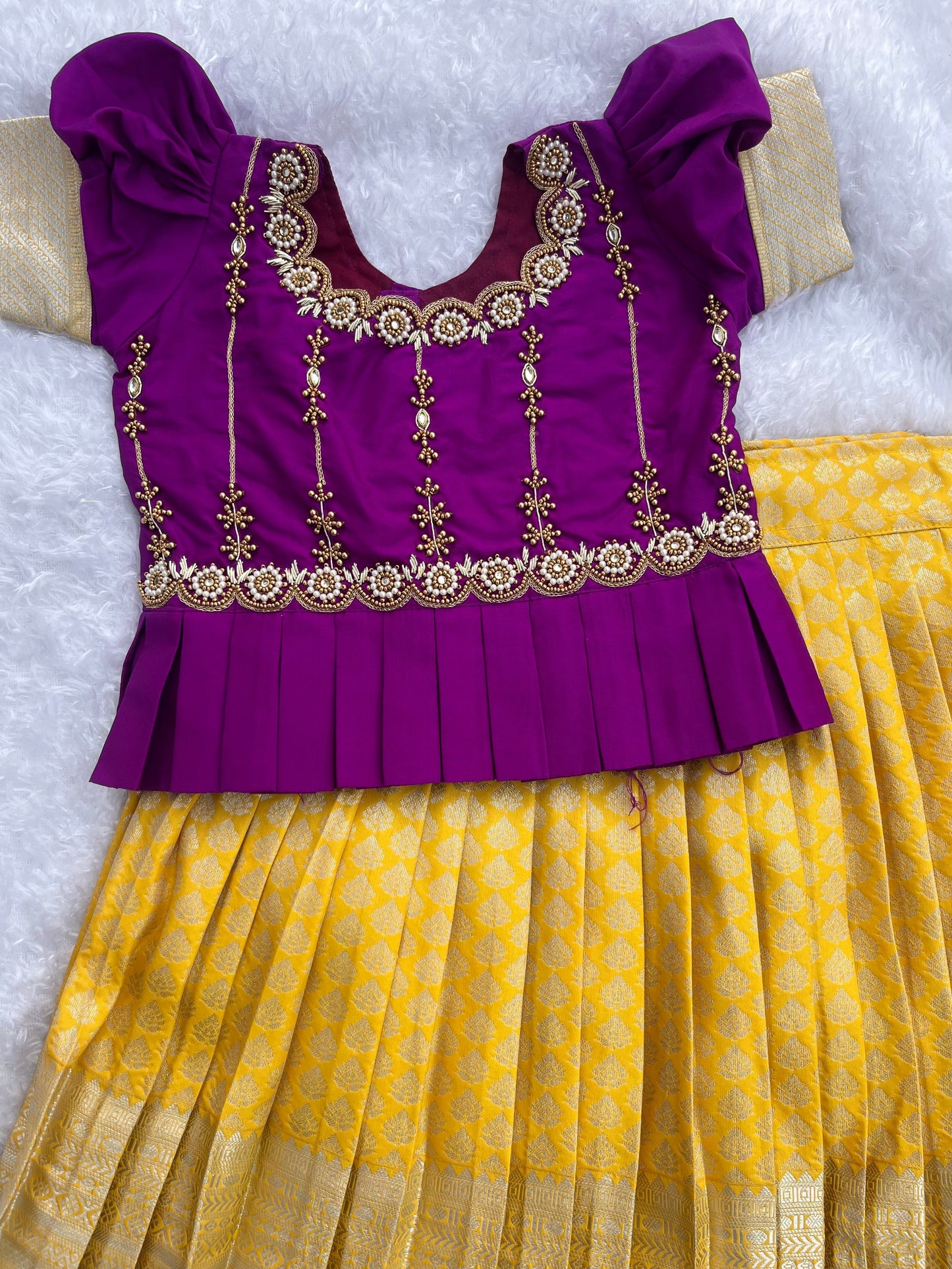 PRE ORDER : Grand Ensemble: Yellow Skirt, purple Top with Aari Work