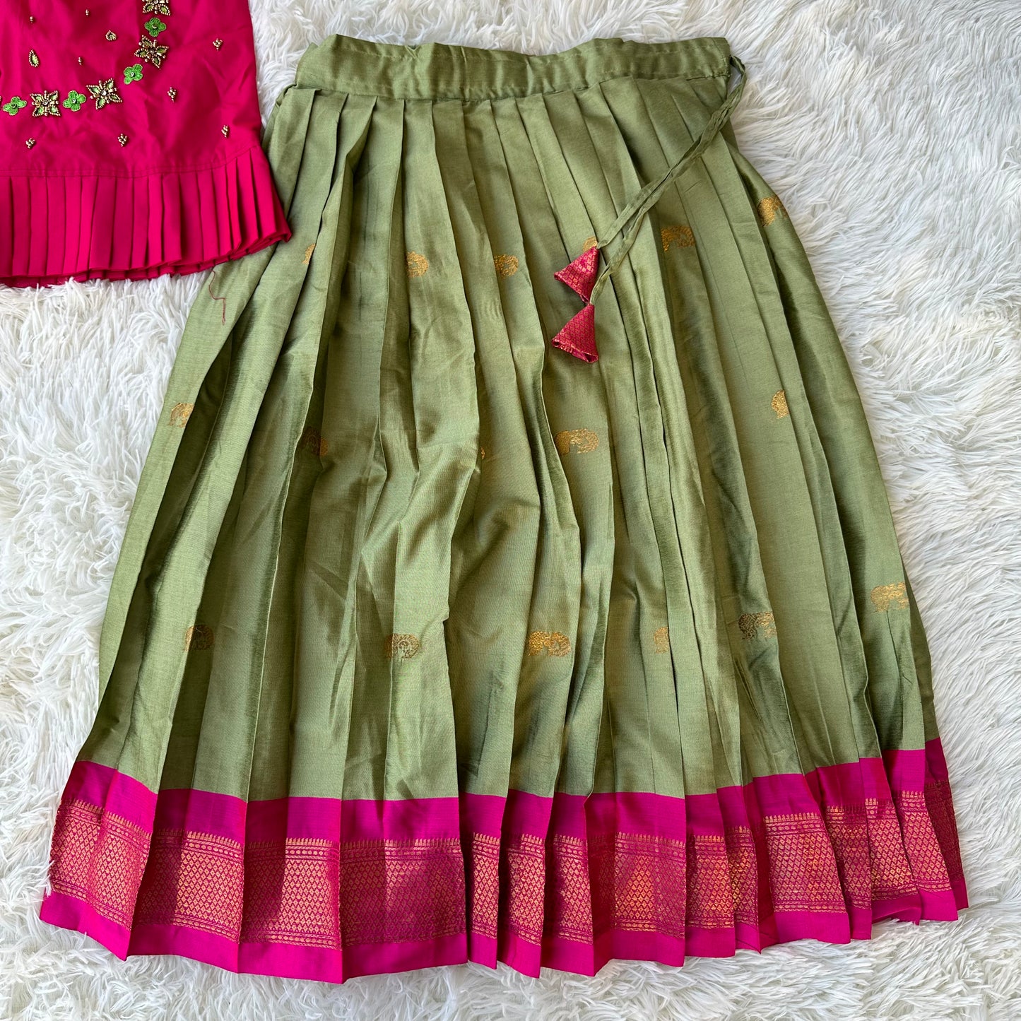 Radiant Youth: Green with Pink Border Semi Paithani Skirt and Top