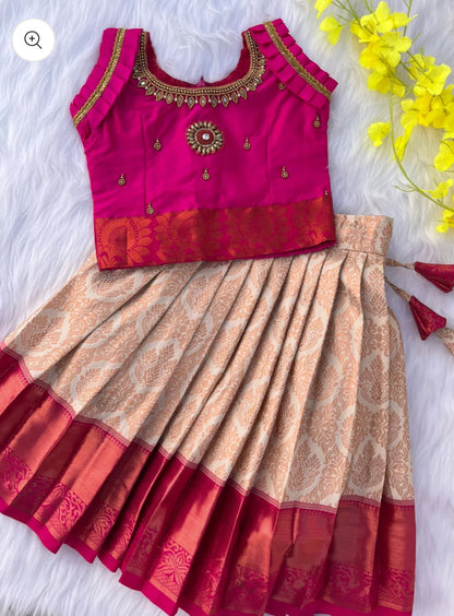 PRE ORDER - Blue and Pink Semi-Silk Lehenga with Aari