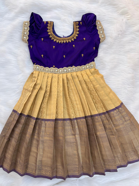 Purple and Gold Semi-Silk Frock with Aari