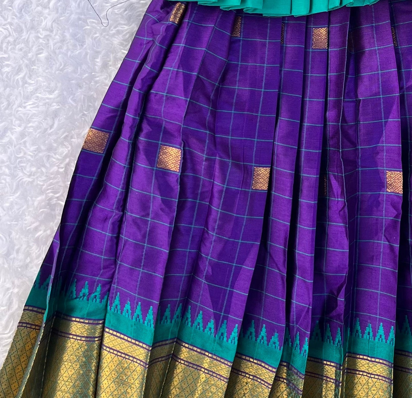 Turquoise and Purple Checked Semi-Silk Kids Lehenga