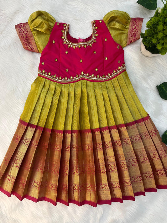 Green ~ Grand Banaras Silk Aari Work Frock