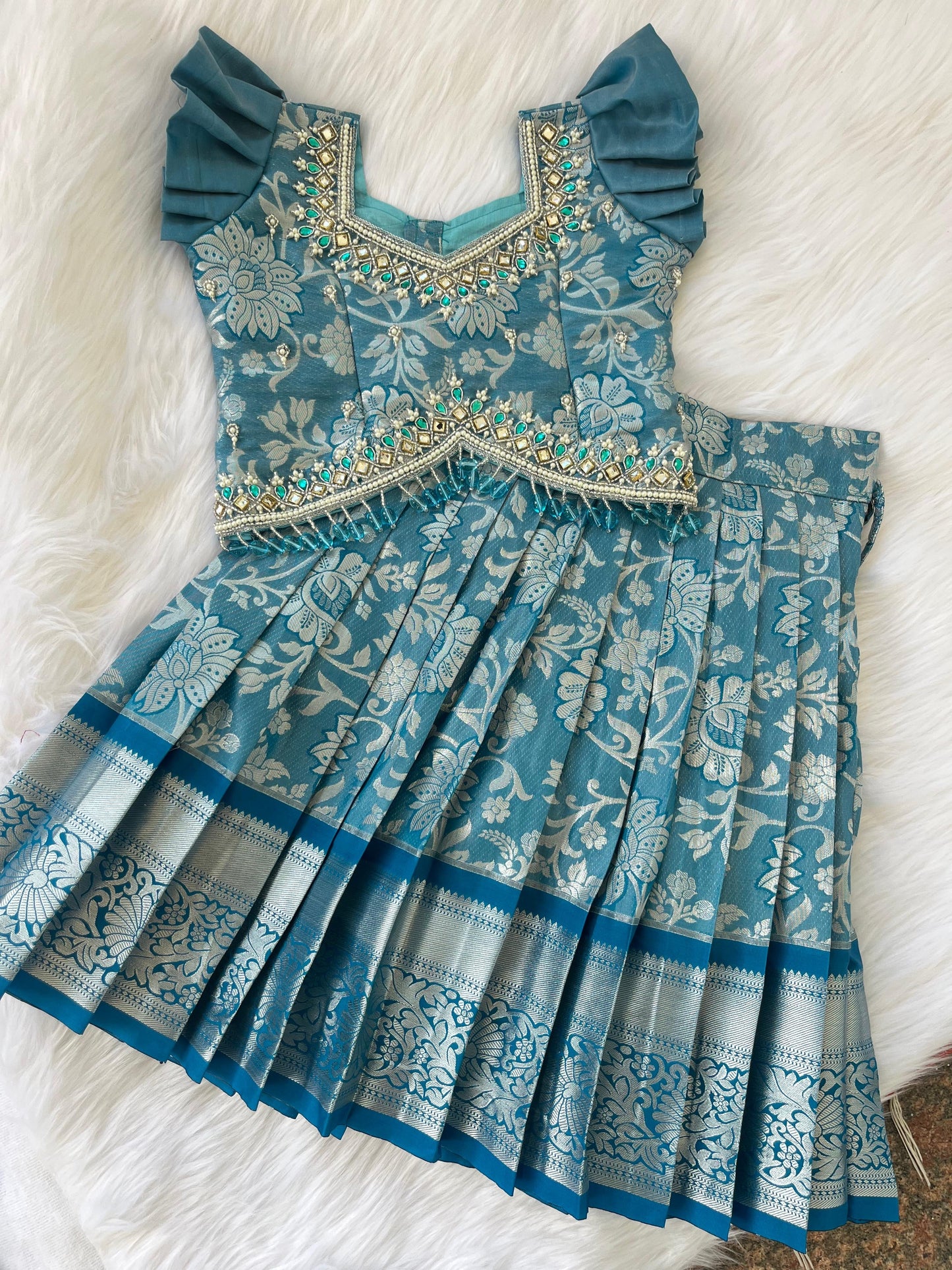 Teal Semi-Silk Crop Top Lehenga