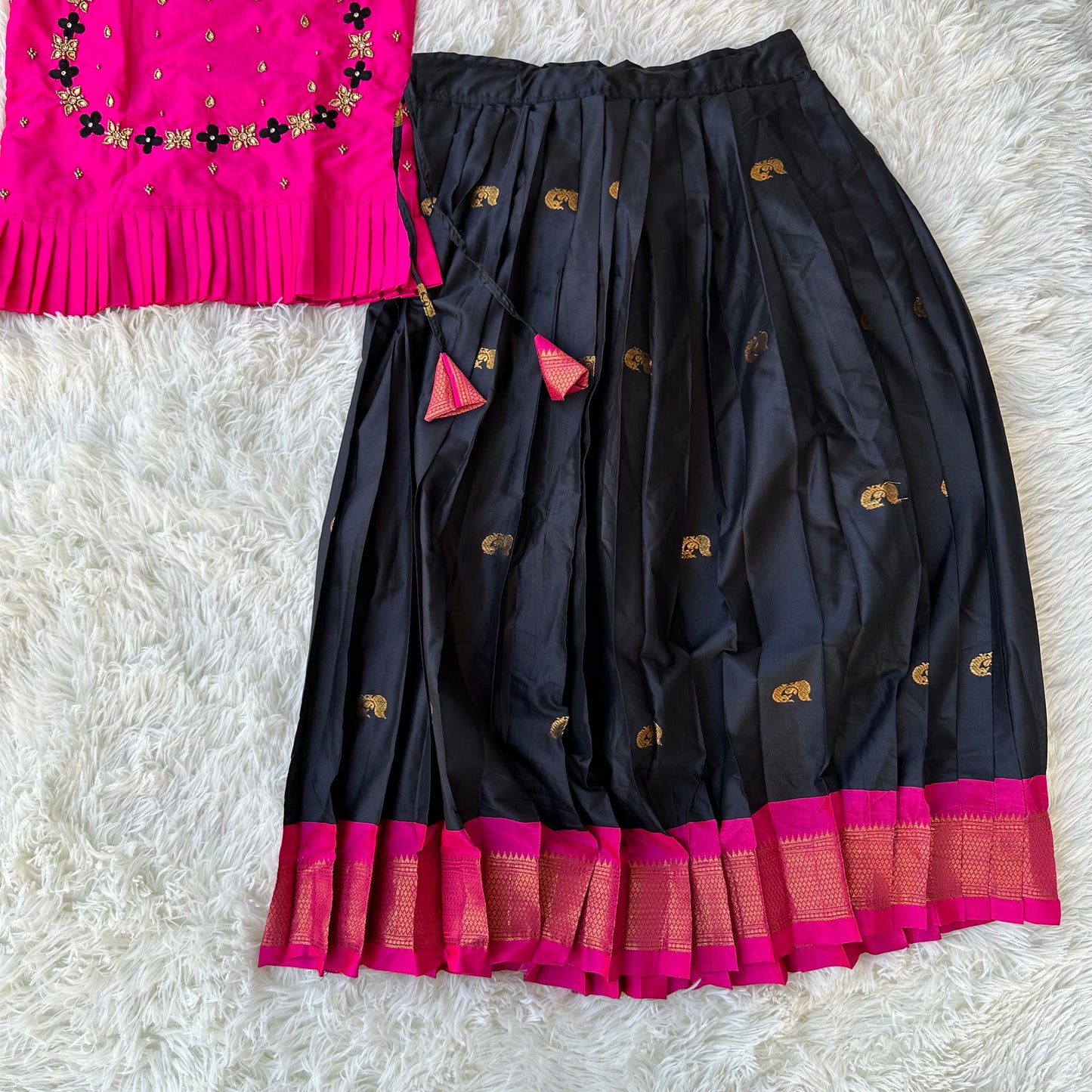 The Fusion : Pinkish Red Top With Aari Work & Sleek Black Skirt