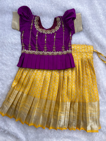 PRE ORDER : Grand Ensemble: Yellow Skirt, purple Top with Aari Work