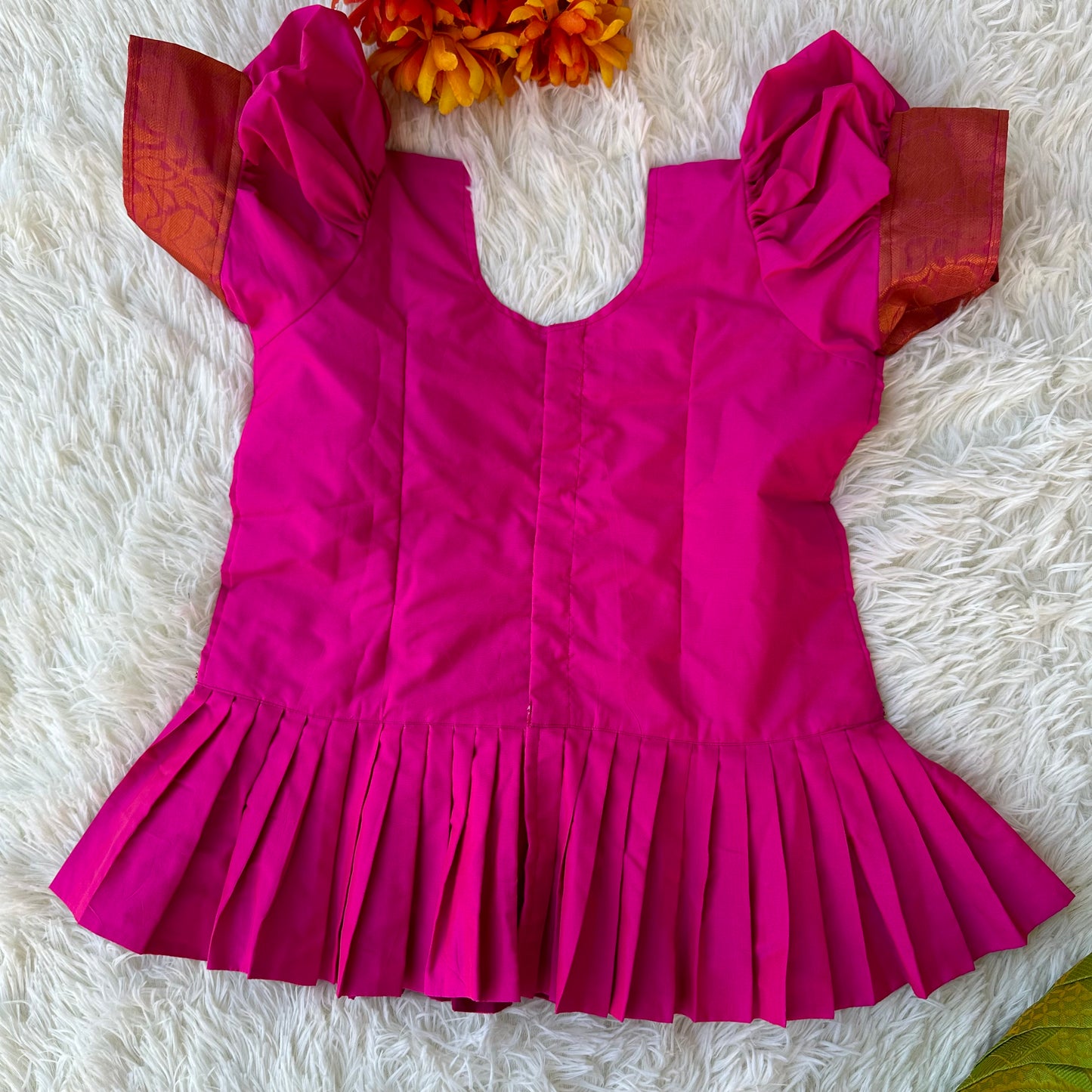 Charming Ensemble: Green Kora Silk Skirt, Pink Aari Work Peplum Top